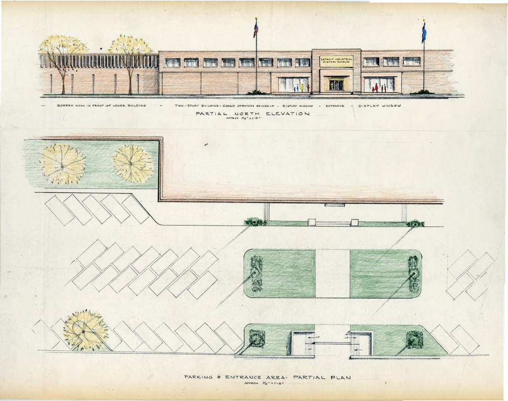 c. 1965, Elevation and the parking plan for the Detroit Industrial History Museum.