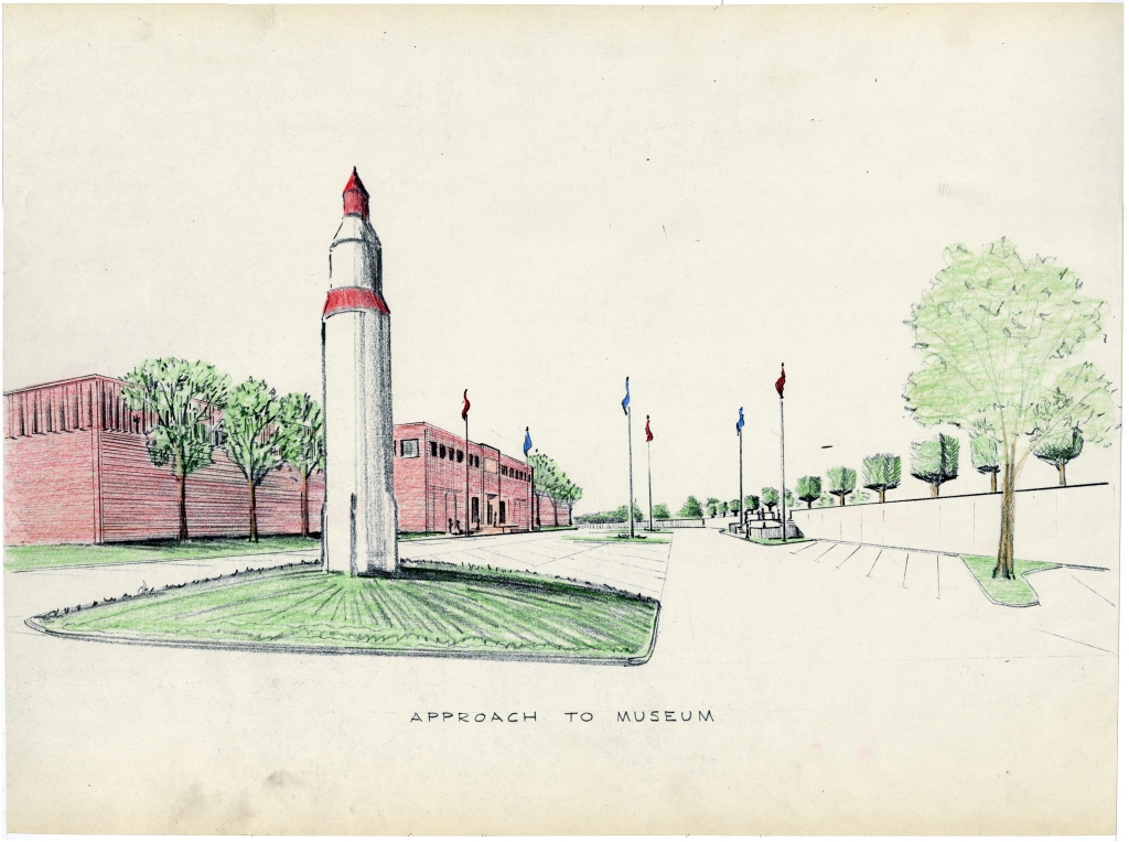 c. 1965, A view of the missile monument at the approach to the Detroit Industrial History Museum.