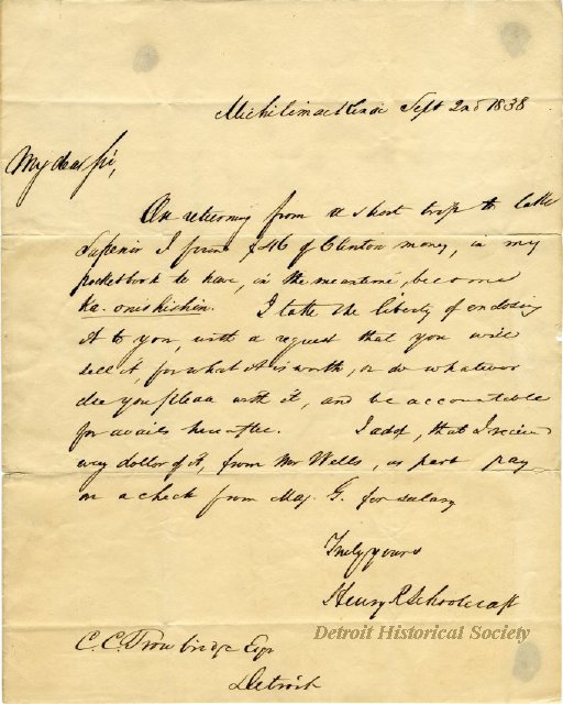 Letter written by Henry Rowe Schoolcraft, 1838 - 1948.050.008