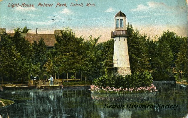 Postcard showing view of Palmer Park lake and lighthouse, 1910 - 1988.016.002r