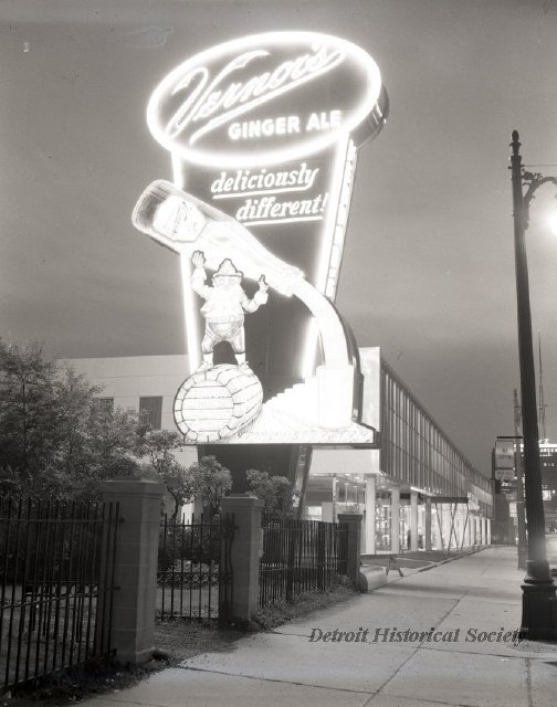 Vernor's Plant sign at night, 1955 - 2009.004.168e