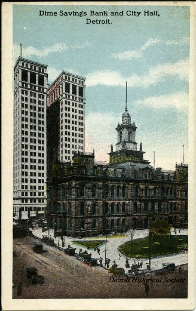 Postcard showing Dime Building and City Hall