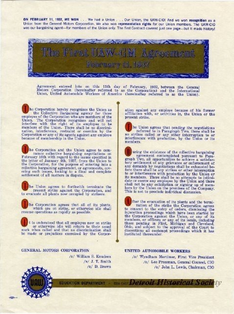 First UAW and General Motors Agreement contract, 1937