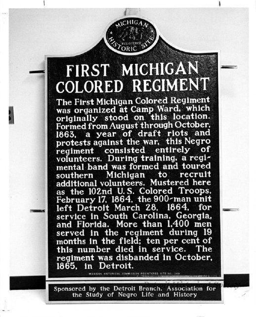 Photo of the historic marker for the First Michigan Colored Regiment, 1968