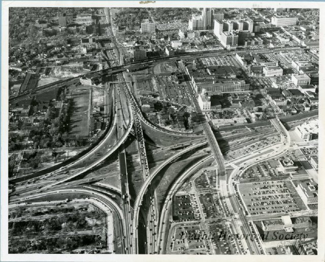 Aerial view of the John C. Lodge Freeway and I-94 interchange, 1965 - 2013.045.422
