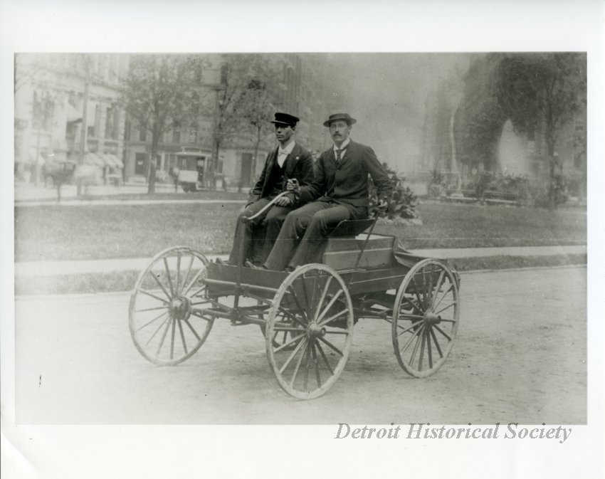 Barthel and King in automobile, c.1896