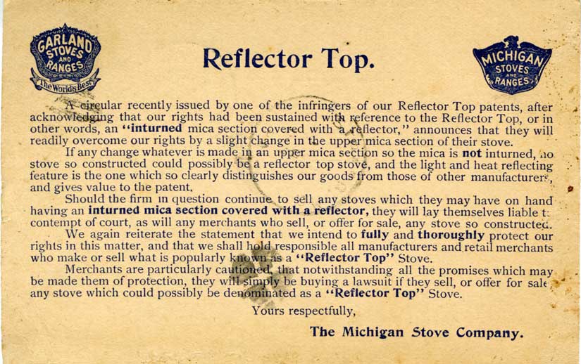 Reflector Top Stove Legal Threat Postcard