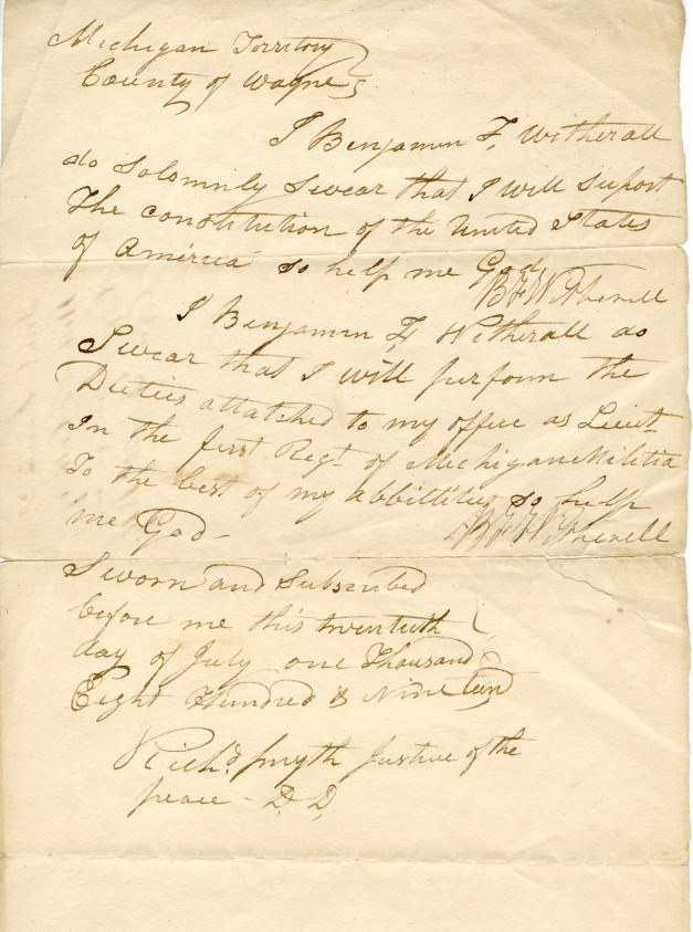 Benjamin F. Witherell's oath of office as Lieutenant of the 1st Regiment of the Michigan Militia, 1819.