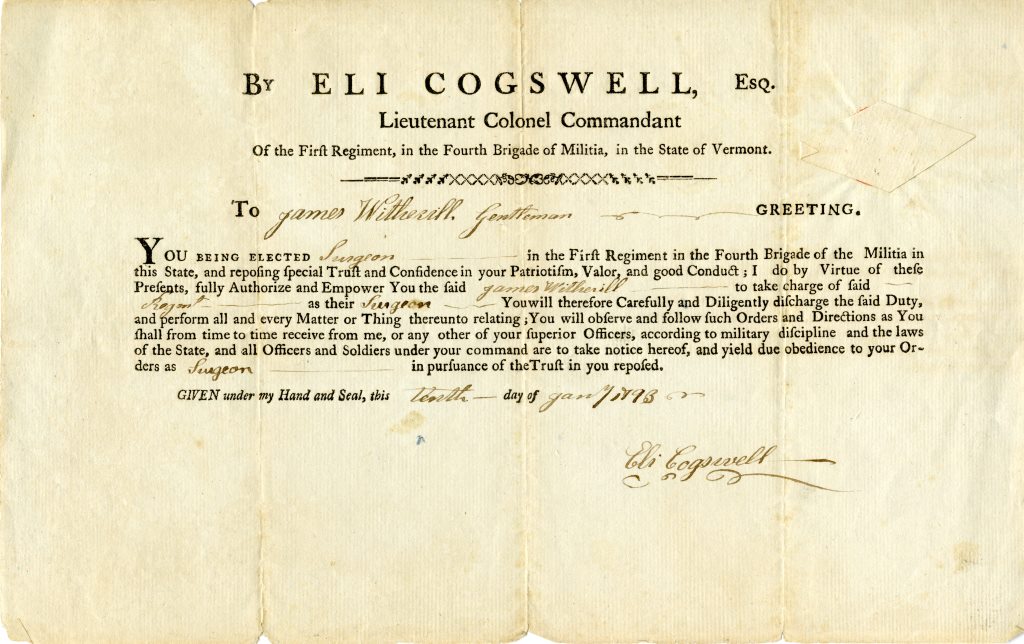 This document shows James Witherell’s promotion to surgeon in the Militia of the State of Vermont in 1793.
