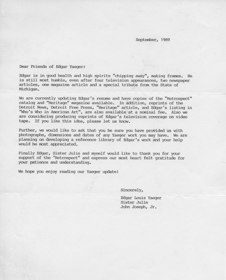 Letter updating Yaeger supporters about his health and activities, 1989.