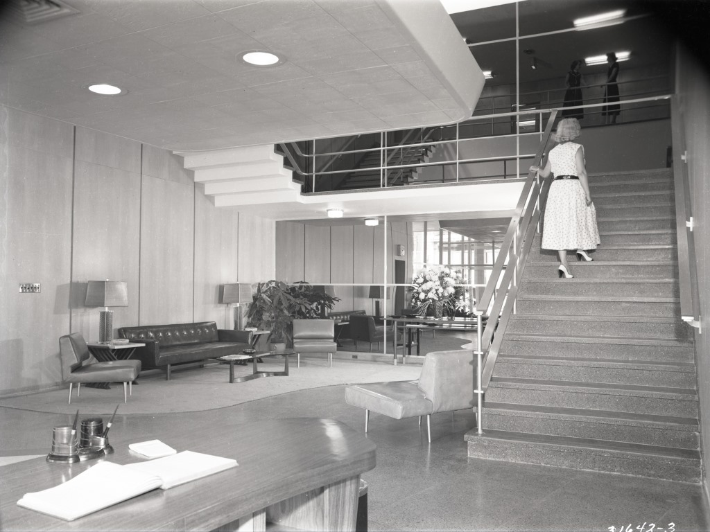 The lobby was replete with modern furnishings, c. 1955.