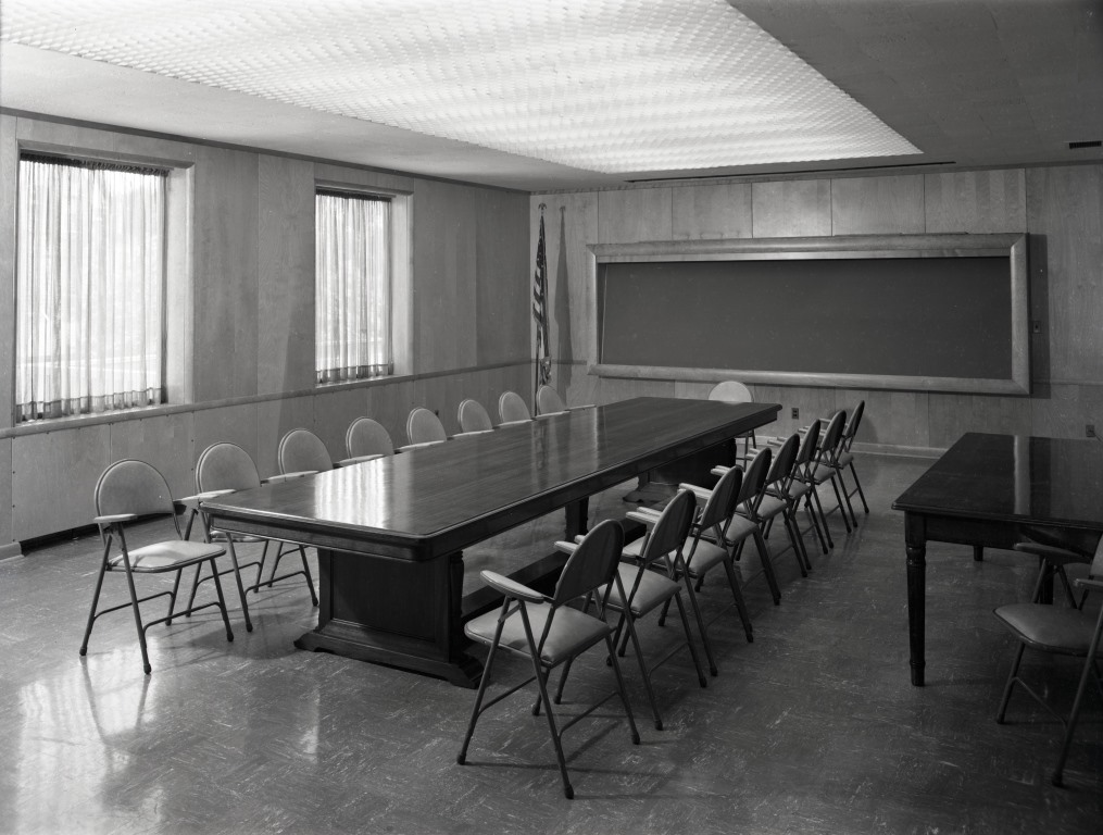 This boardroom was remarkably utilitarian, c. 1955.