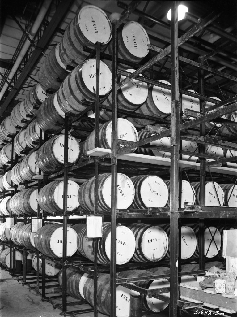 Oak barrels of ginger ale extract in the aging room, c. 1954