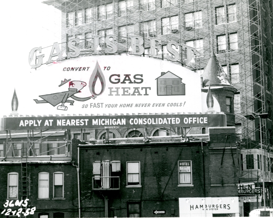1958, Michigan Consolidated Gas Co. Building likely having its cornice removed.