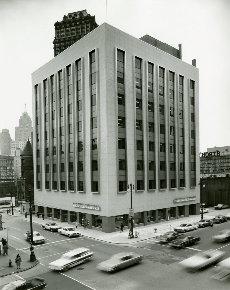 c. 1965, the completed new façade on the Rockwell-Standard Building. 