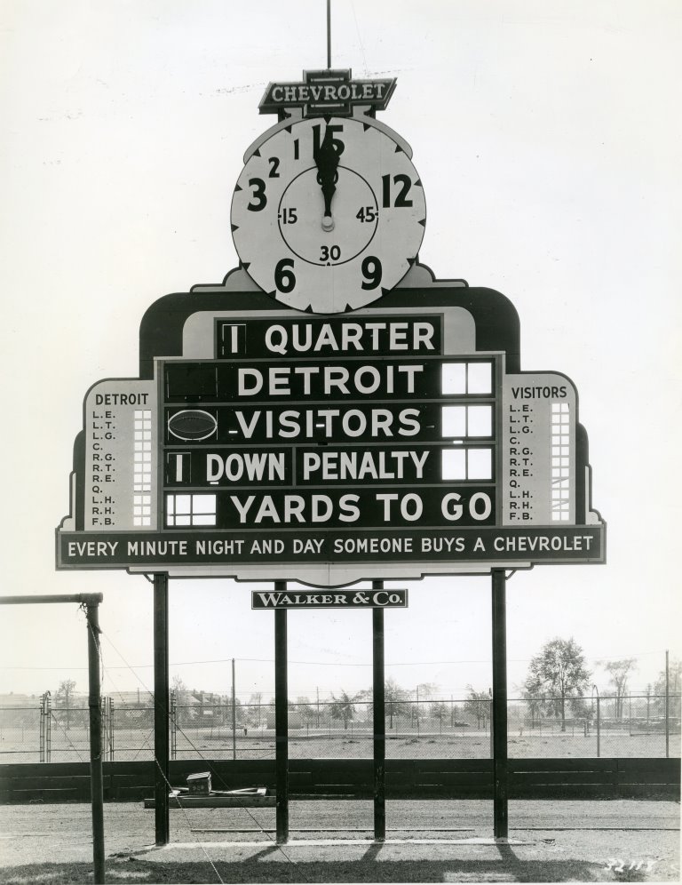 c. 1935, football scoreboard at University of Detroit Stadium