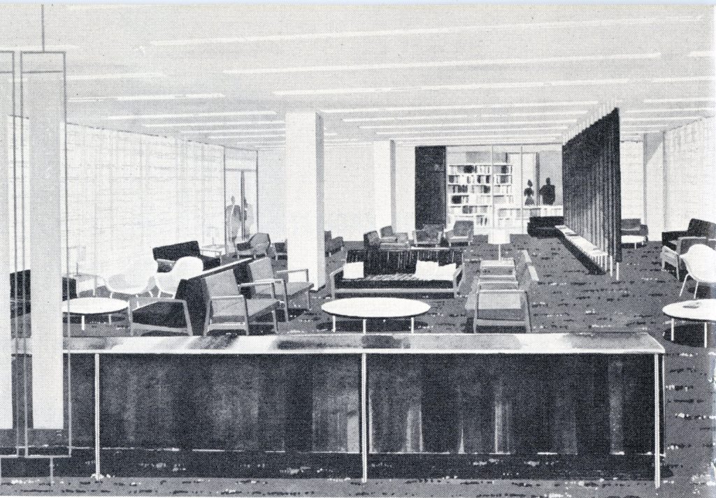 On the Staff Floor was the lounge, employees’ cafeteria, infirmary, and the Bank Library with 2,000 volumes devoted to banking and economics.