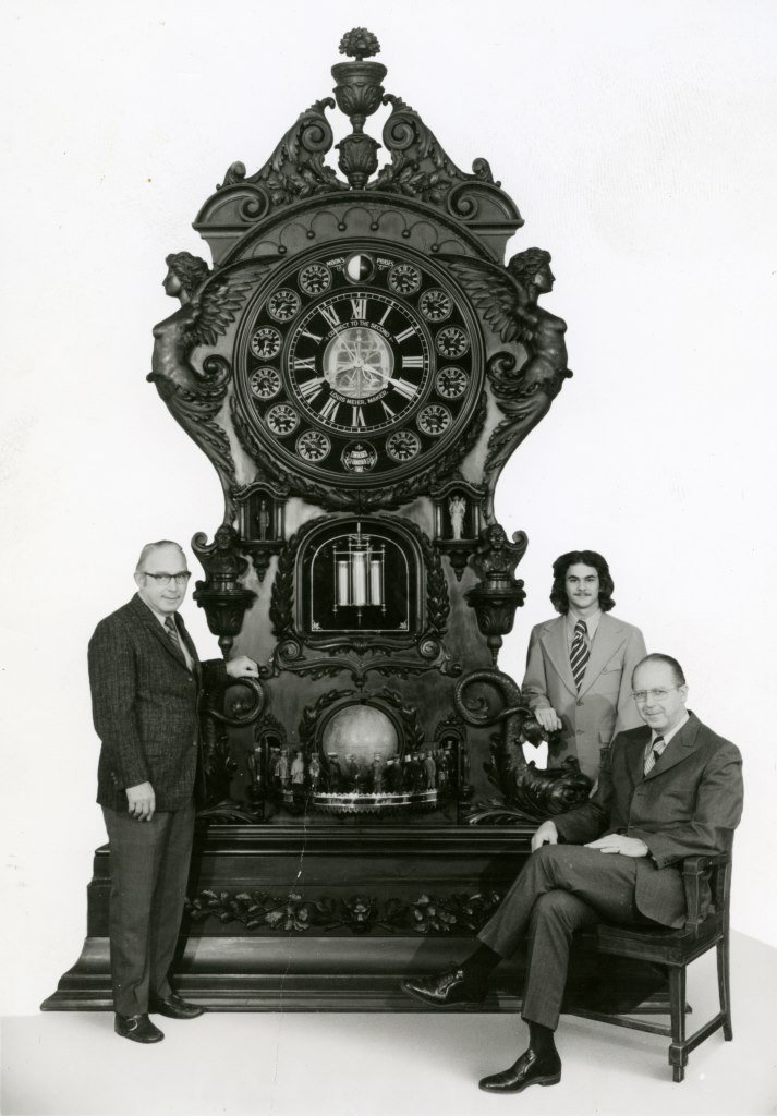 Members of the Meier Family pose with the Meier Clock, c. 1970.