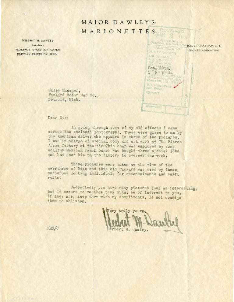 Letter from H.M. Dawley to Packard Sales Manager, 1932.