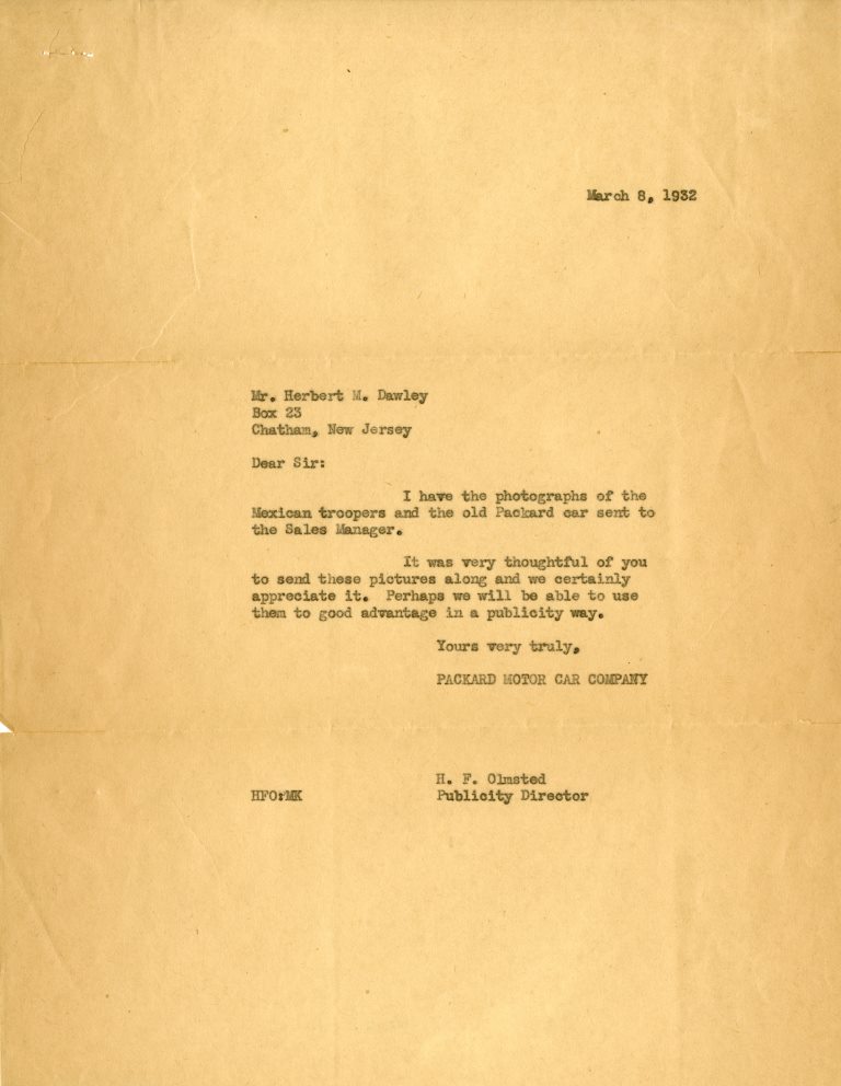 Response from H.F. Olmsted, Packard Publicity Director, 1932.