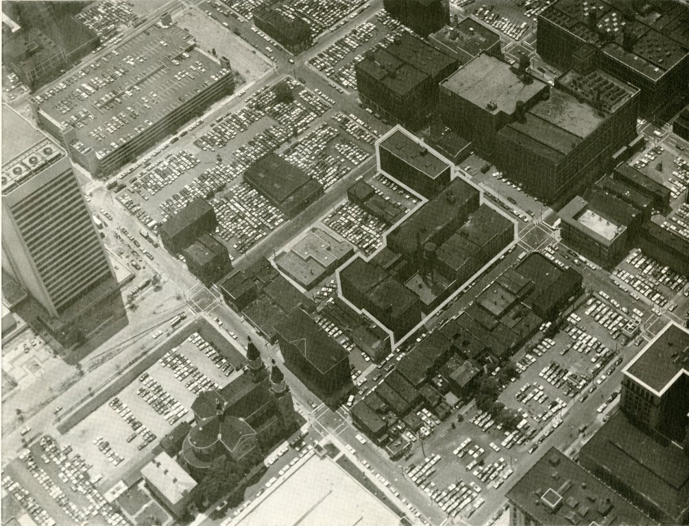 c. 1976, This aerial view shows the Traugott Schmidt & Sons block outlined.