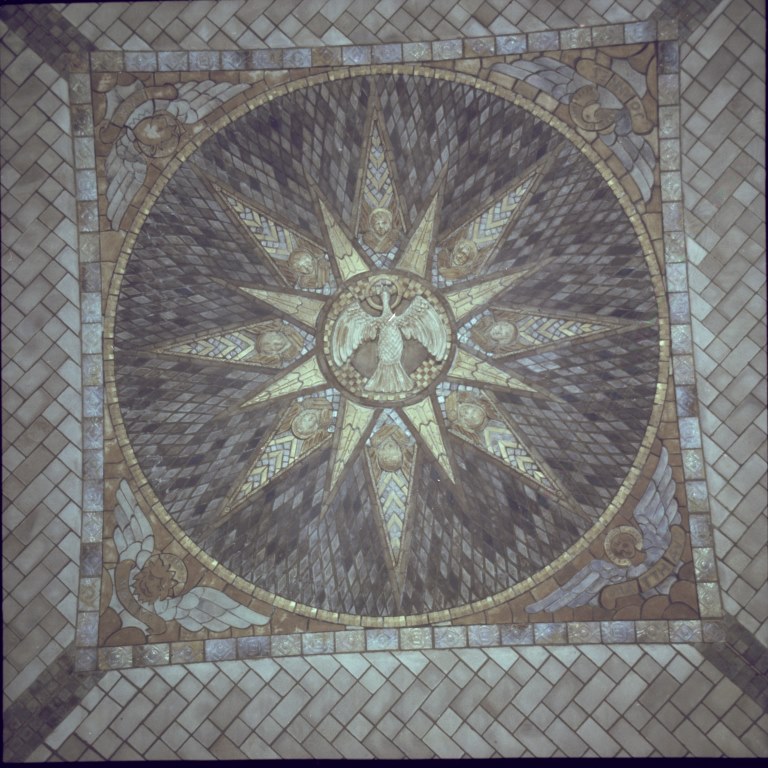 This Pewabic mosaic is installed above the altar of the crypt church within the National Shrine of the Immaculate Conception.