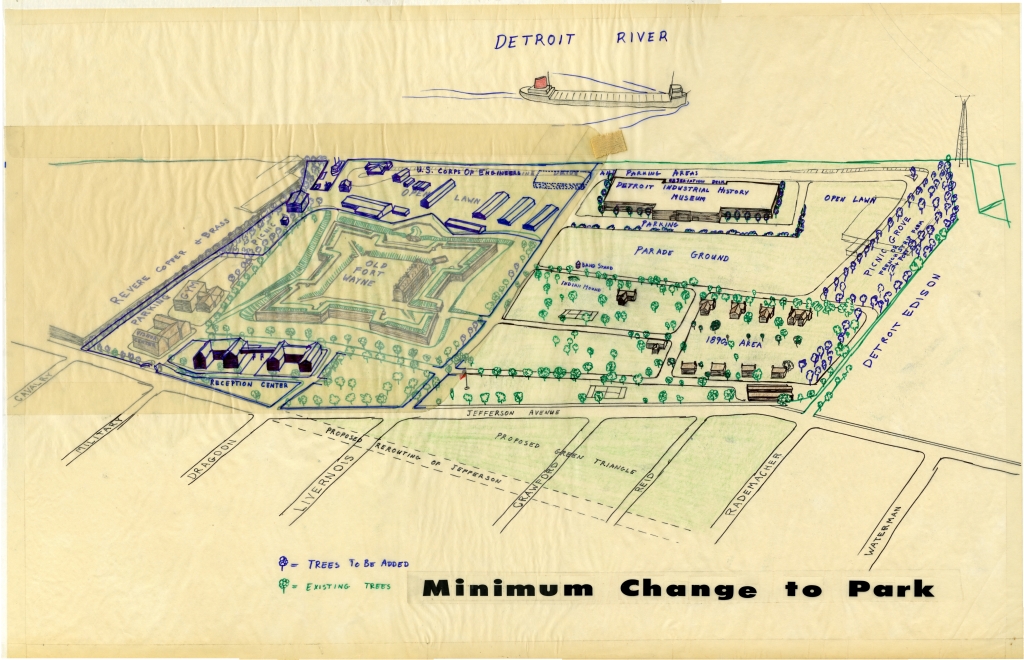 c. 1965, Drawing showing some of the proposed changes to the park, including the rerouting of West Jefferson Avenue and the construction of a green circle outside the entrance to the Fort.