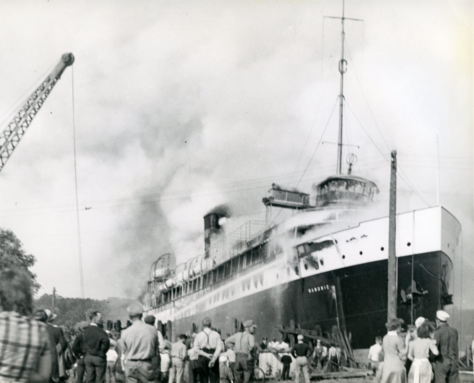 SS Hamonic on fire at Point Edward, Ontario, July 17, 1945