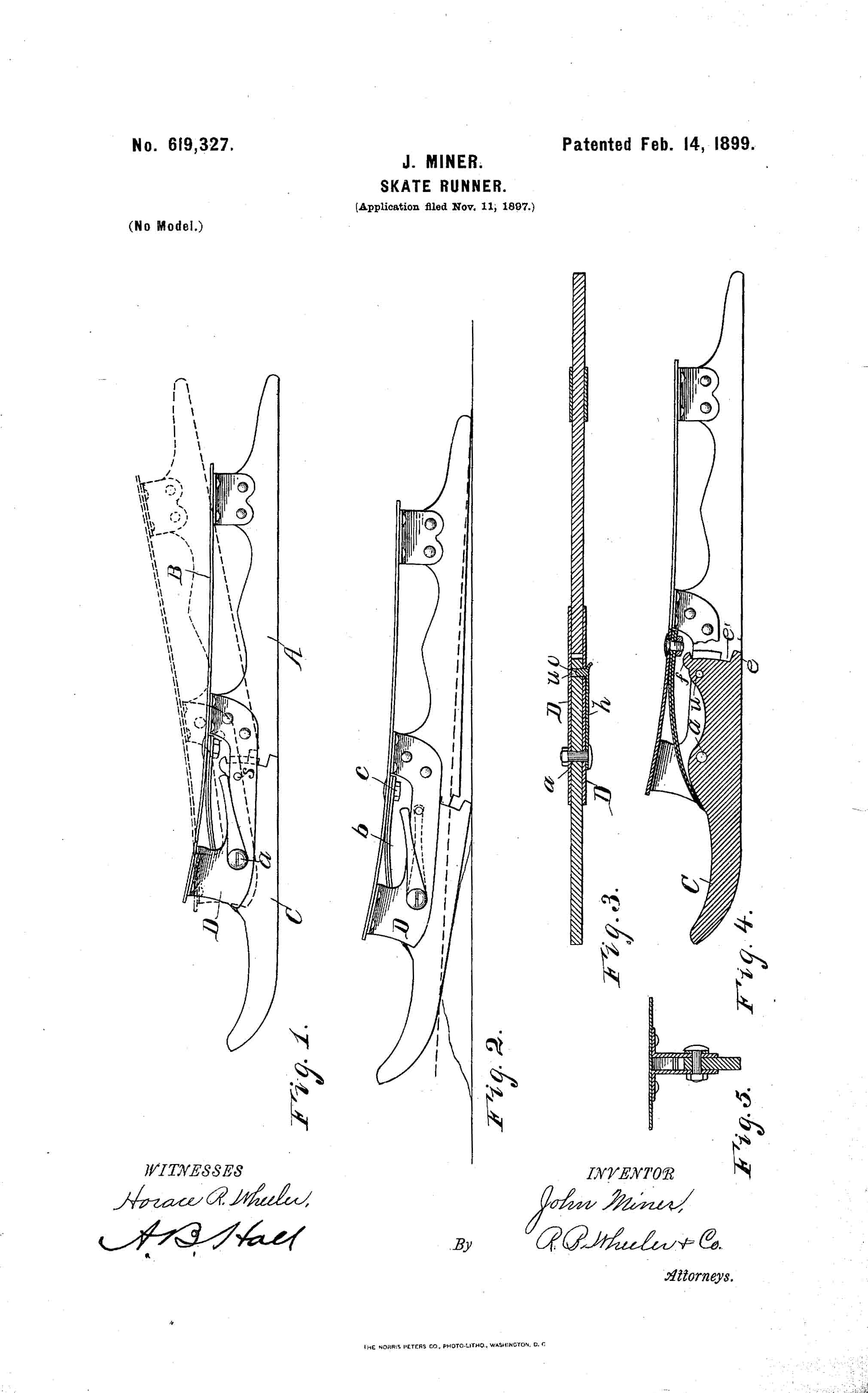 1899 patent drawing for J. Miner Skate Runners