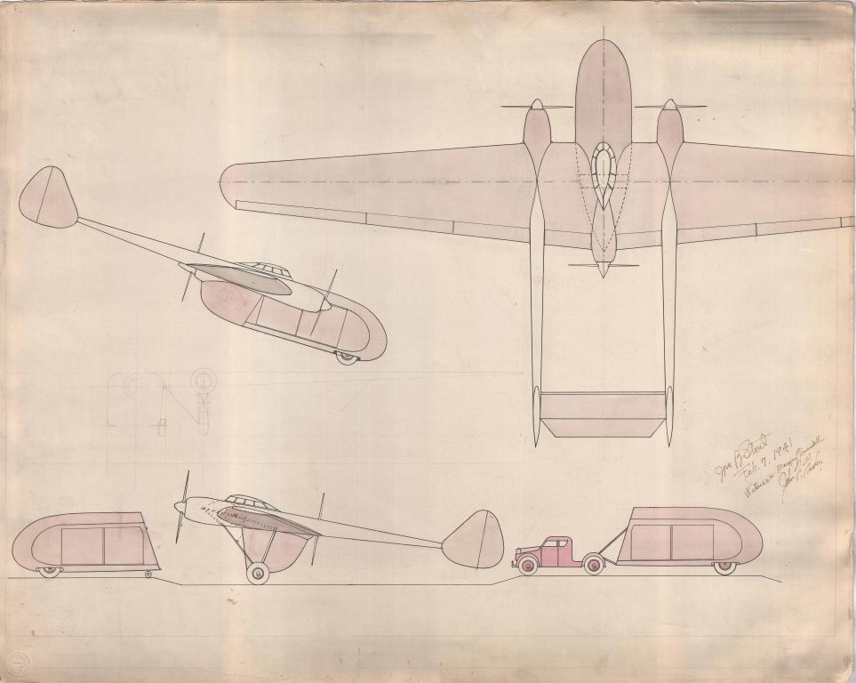 Concept drawing of airplane with attached trailer, c. 1941.