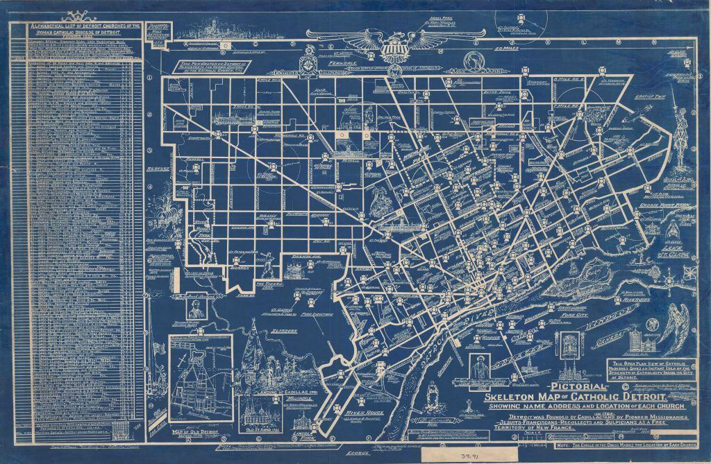 This illustrated map shows all the Catholic churches in the city in 1935.