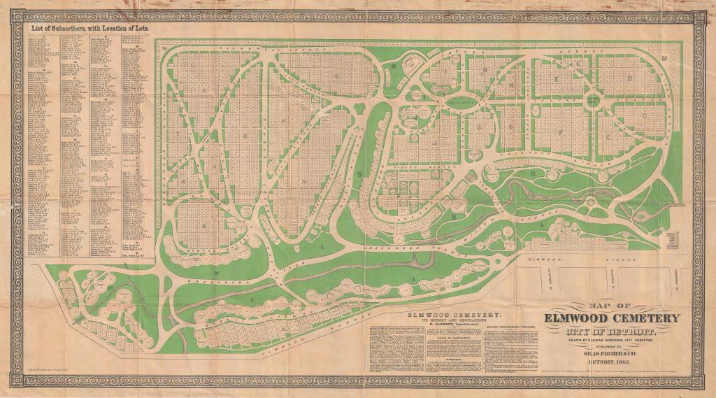 Founded in 1846, Elmwood is the oldest continuously operating, non-denominational cemetery in Michigan. This 1865 map published by Silas Farmer & Co. makes it easy to locate specific plots.