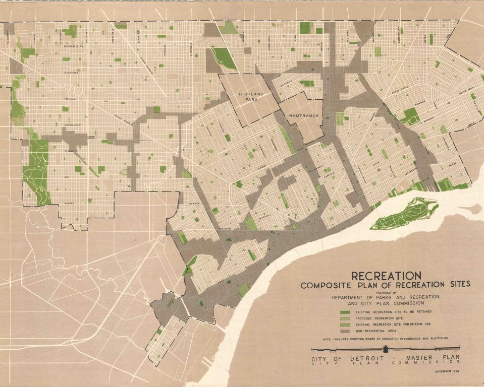 This composite plan of recreation sites prepared by the Department of Parks and Recreation and City Plan Commission 1950. It shows existing and proposed recreation sites.