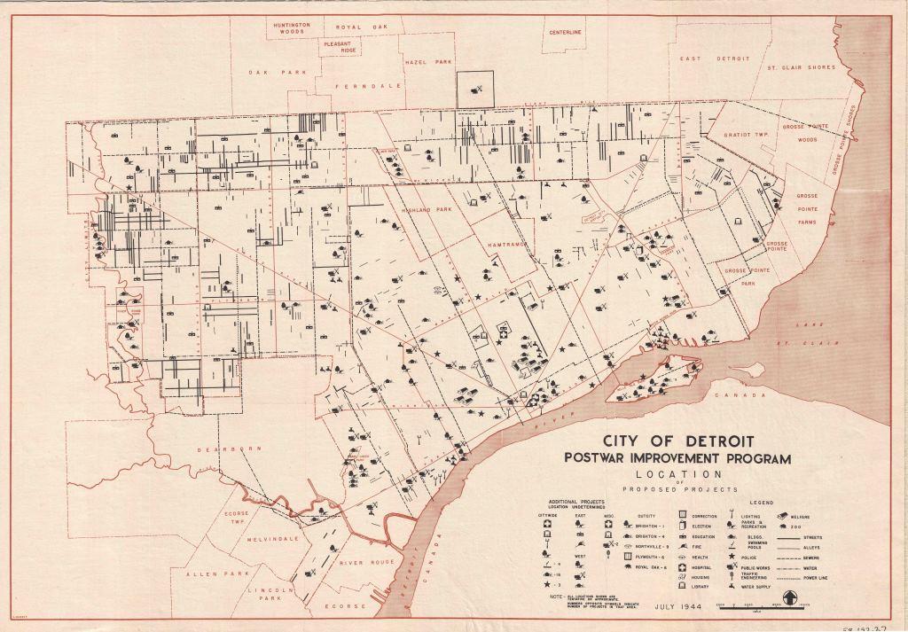 We typically think of urban renewal project happening in the 1950s and ‘60s, but in Detroit plans were already underway in 1944 for postwar improvements. It addresses everything from traffic engineering to swimming pools. 