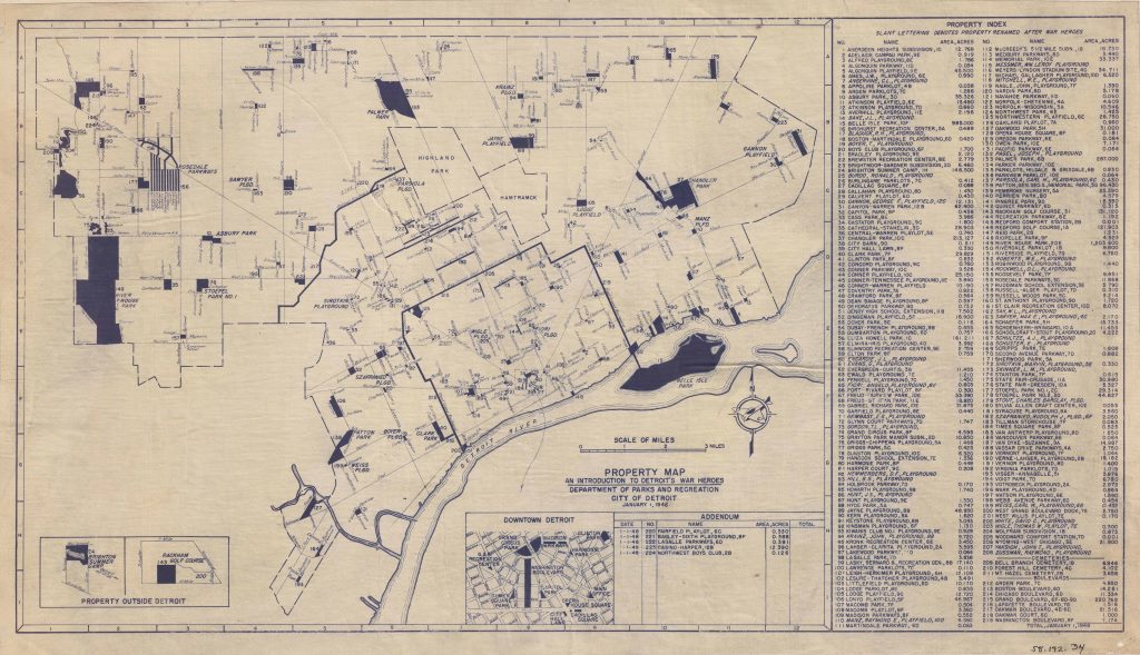 This 1948 map of Department of Parks and Recreation properties is unique in that it highlights properties renamed after Detroit’s war heroes.