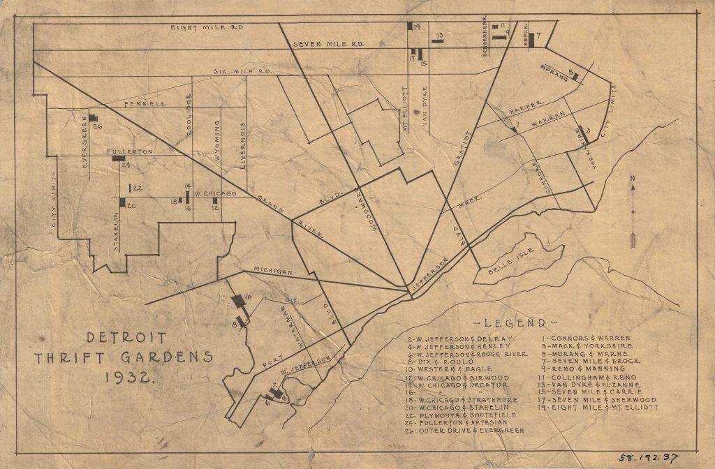 Another 1932 map shows Detroit’s twenty three thrift gardens.