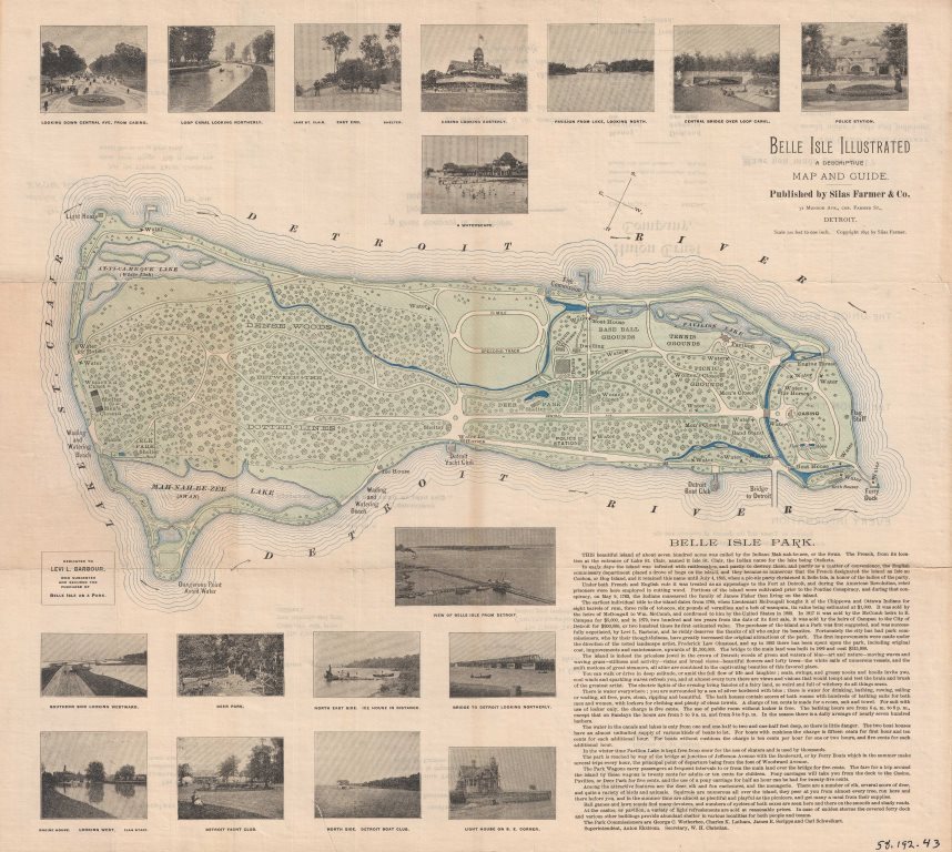 Belle Isle wasn’t quite as developed in 1895 as it is today. Notice the restrooms are called “closets,” there are water fountains for horses, and the three lakes have earlier names. The map is published by Silas Farmer & Co. and dedicated to Levi L. Barbour.