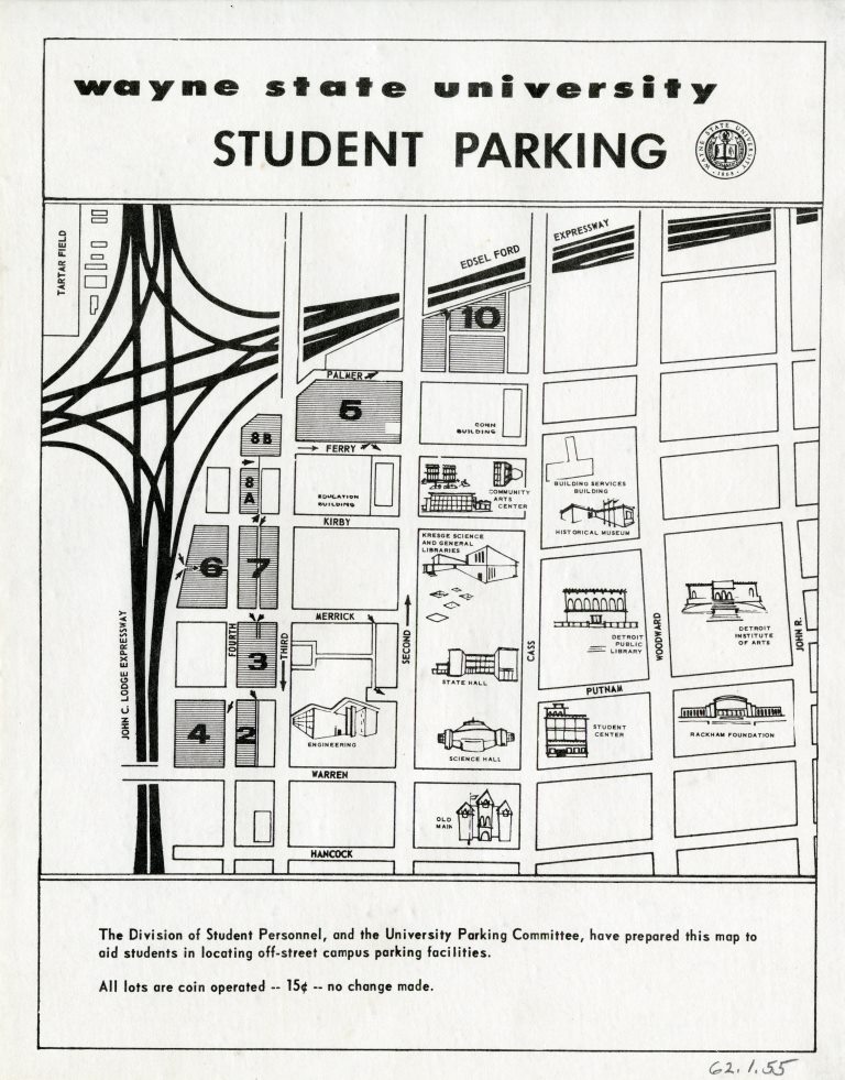 As this circa 1960 map shows, parking was just as important to Wayne State University students half a century ago as it is today. Although the 15¢ fee is part of history.