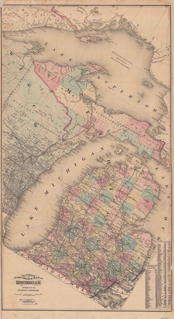 This 1874 map published by Everts and Stewart stands out from other state maps because of its unusual diagonal orientation.