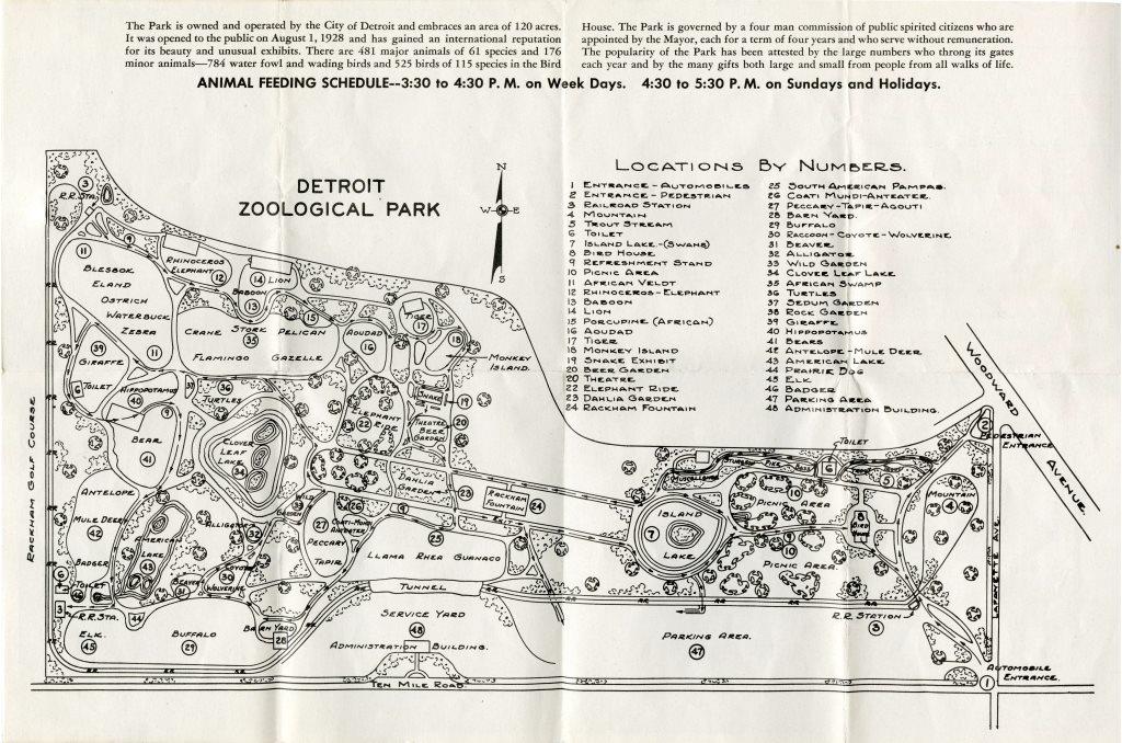 This handy map shows the Detroit Zoo circa 1947. The layout has many similarities to the zoo’s current design almost 70 years later. Of note is the Beer Garden and Monkey Island.