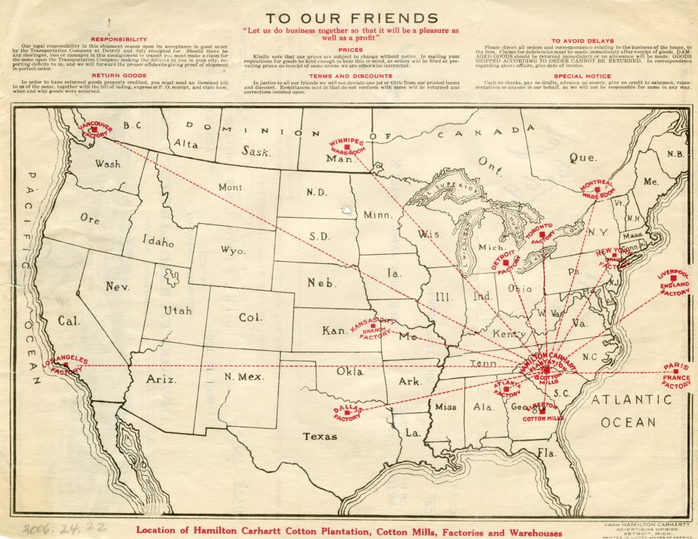 Founded in Detroit in 1889, Carhartt continued to grow throughout the 20th century. This map shows the company’s nationwide production network in 1926.