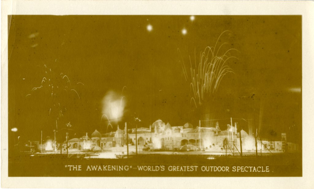The fireworks display that closed the Awakening is captured here in a 1923 souvenir photograph.