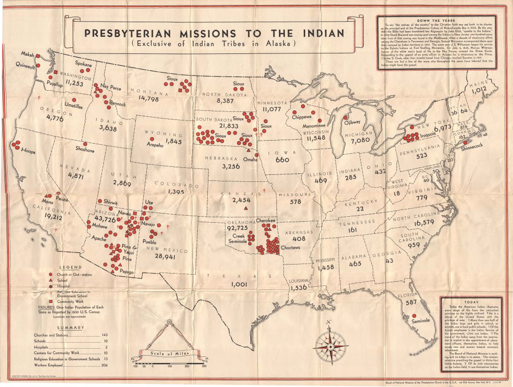 A 1932 titled “Presbyterian Missions to the Indian” shows the location and type of mission across the country and the number of Native American inhabitants in each state. Michigan has one Ojibway mission church.