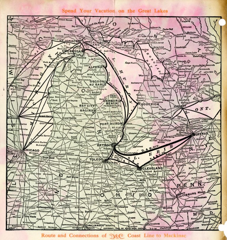 A Detroit and Cleveland Navigation Company steamship was the way to travel across the Great Lakes region in 1913. Before interstate highways, a steamer was the fastest and most efficient way to move between cities like Buffalo, Toledo, Detroit, and Milwaukee.