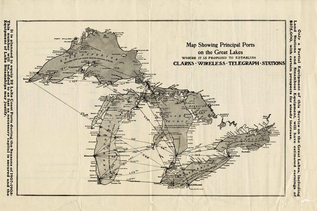 This circa 1906 map of the Great Lakes shows the proposed locations for telegraph stations using Thomas E. Clark's wireless technology.