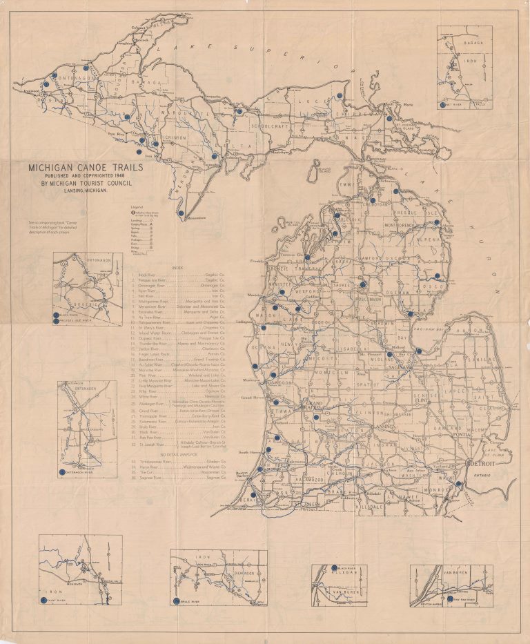 Grab a paddle! If it’s 1946 and you need to find a place in Michigan to canoe than this map will be perfect.