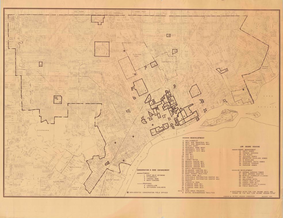 The Detroit Housing Commission prepared this map in 1969 to highlight areas of low income housing, redevelopment, and code enforcement.