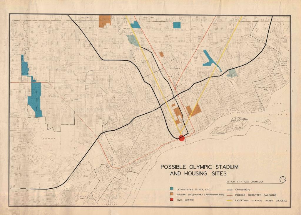 In the 1960s, Detroit was a perennial contender for hosting the Summer Olympic Games. This meant that lots of planning had to be done in advance of submitting a bid. Possible stadium and housing sites around the city are shown on this map.