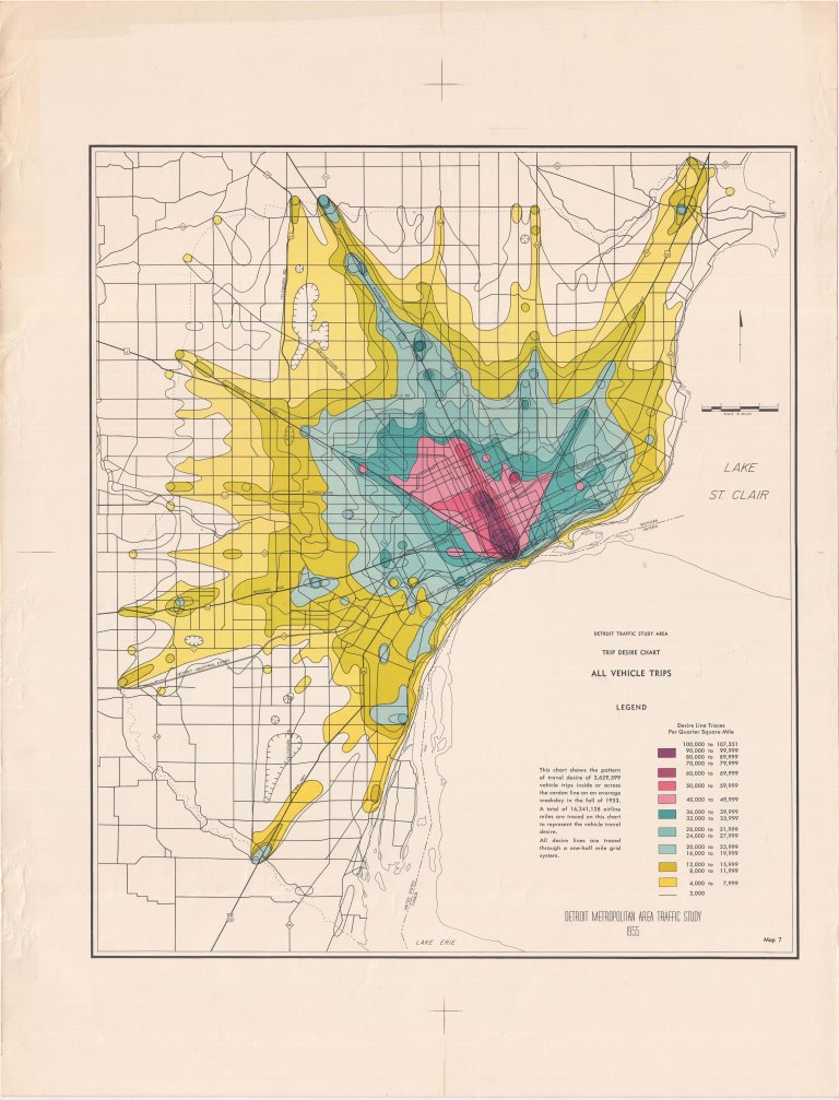 The Detroit Metropolitan Area Traffic Study produced this map in 1955 charting “trip desire”. This means it shows where the most popular destinations are for all vehicle trips within the metropolitan area.