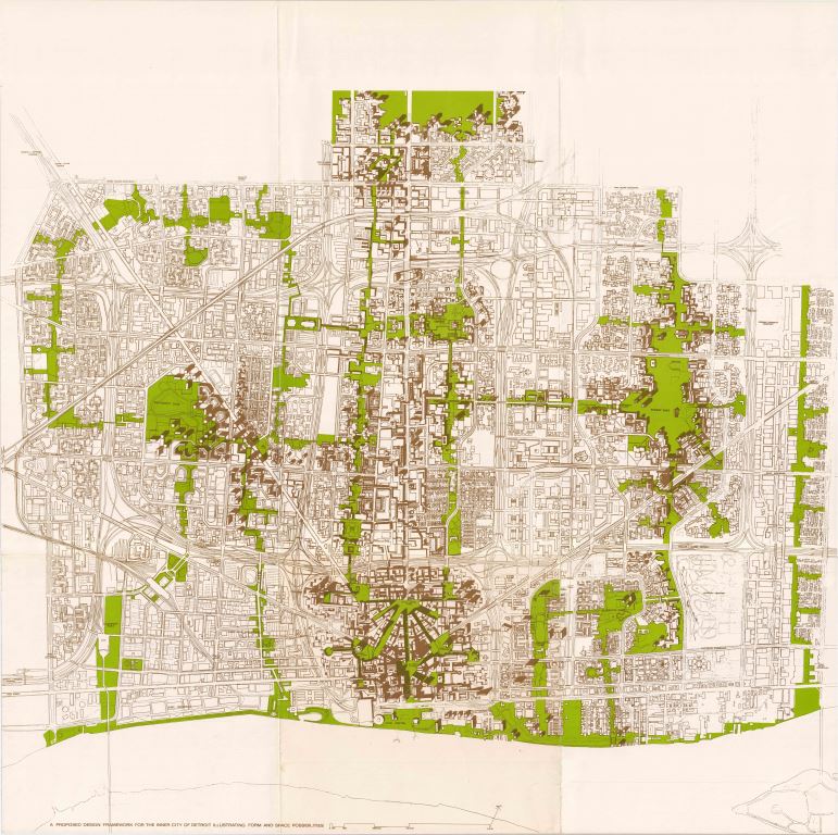 This imaginative “Proposed Framework for the Inner City of Detroit Illustrating Form and Space Possibilities” from circa 1970 creates an interesting future that never came to pass. The green swathes mirror today’s emphasis on greenbelts and greenways.